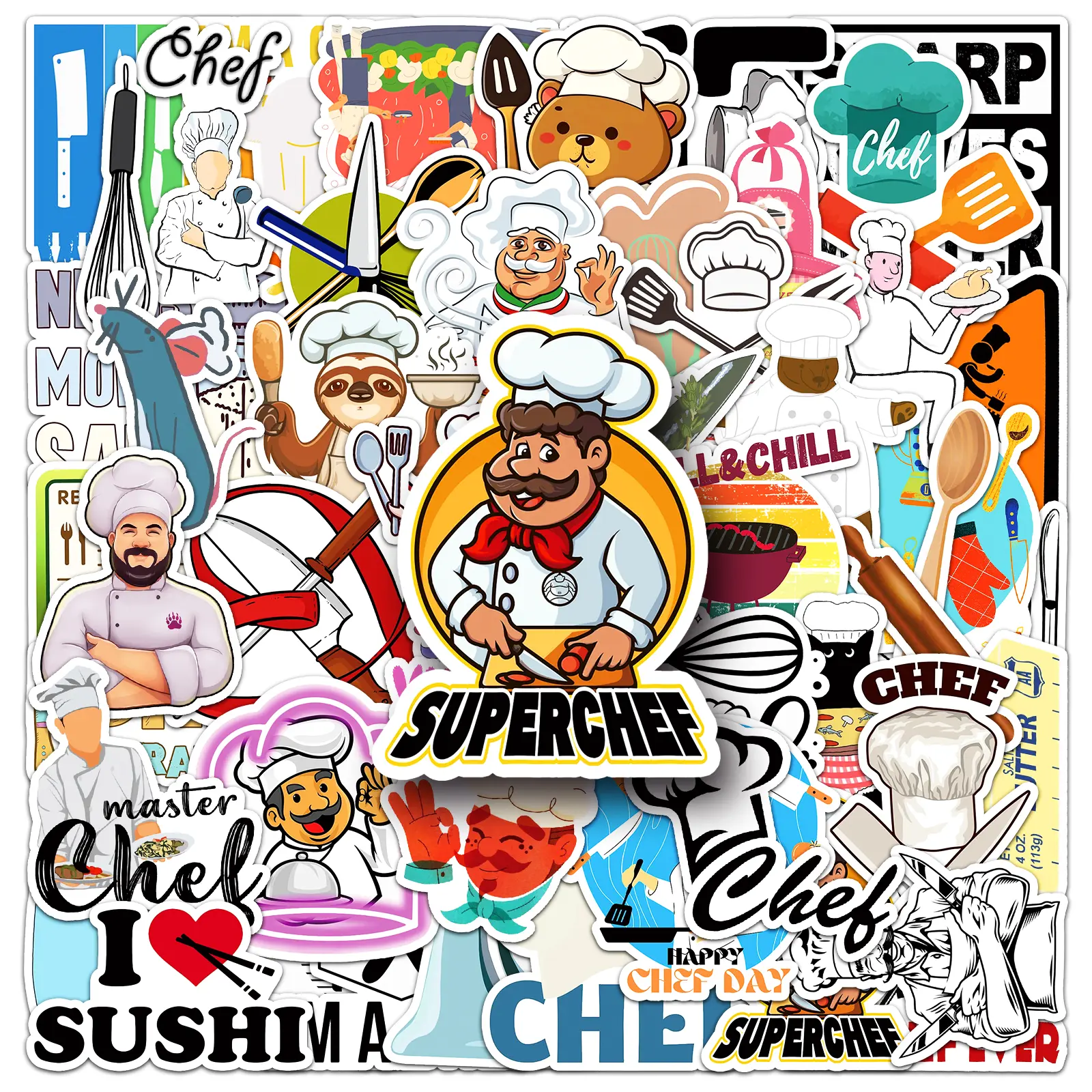 50 Chef Themed Sticker,Super Chef sticker,Creative Chef Pattern Decorative Sticker, DIY Decals for Cooking Stuff,Scrapbooking, Journaling, Gift Wrapping