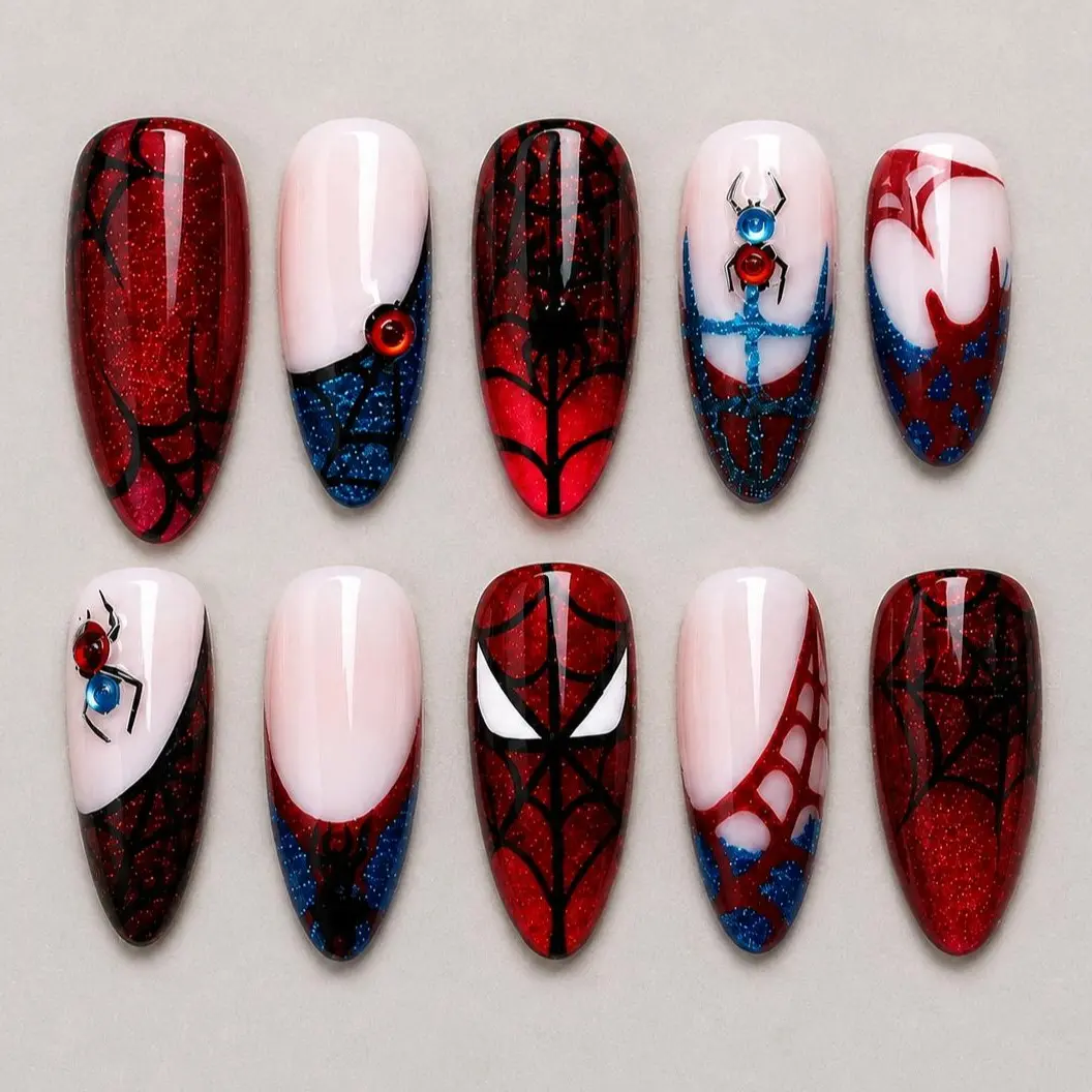 Red Blue Web Press On Nails M75, Glitter Graphic Design, Spider & Web Details, Bold Comic Inspired Nail Art, Halloween Nail Set  Search terms: