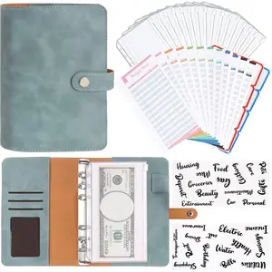 A6 Budget Binder, Soft PU Leather Notebook Binder Planner Cover with 16 Pockets  Envelopes, 12 Expense Sheets, 4 Shts Letter Sticker Labels for Bill (Blue)