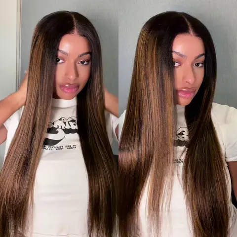 UNICE Women's 100% Human Virgin Hair Glueless Lace Frontal Wig - 13x4 Pre-Cut HD Lace, Yaki Straight with Balayage Highlights, 180% Density, Heat Resistant, 22.5 Inches, Beginners-Friendly, Can Do Any Part, Human Hair Wigs