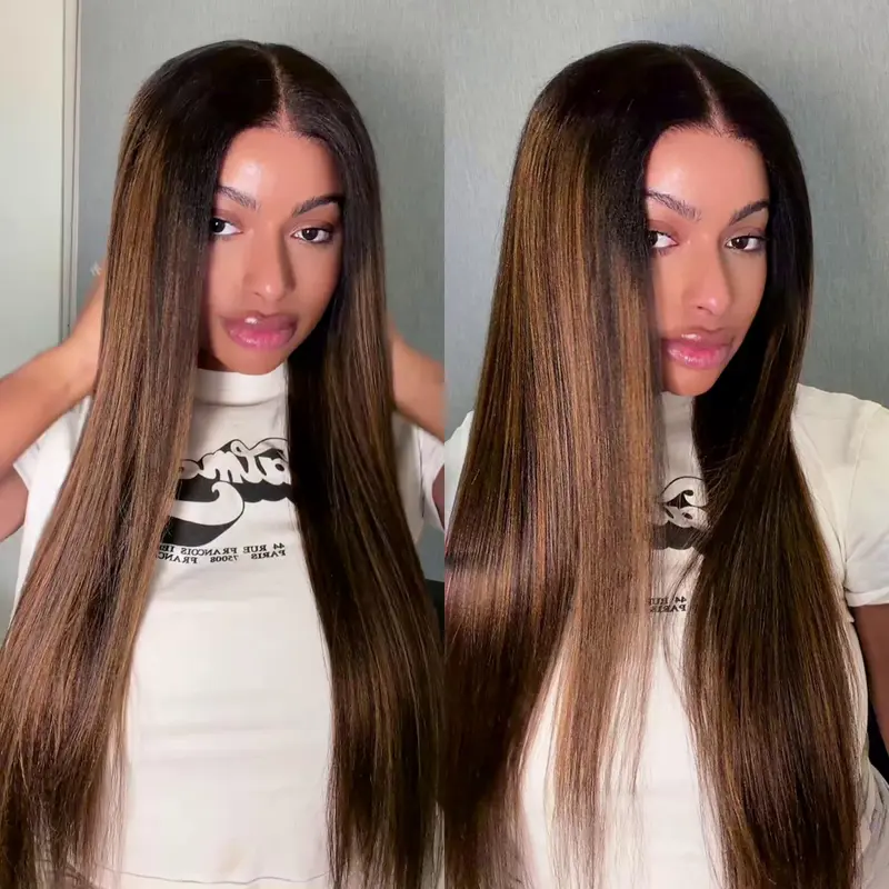 UNICE Women's 100% Human Virgin Hair Glueless Lace Frontal Wig - 13x4 Pre-Cut HD Lace, Yaki Straight with Balayage Highlights, 180% Density, Heat Resistant, 22.5 Inches, Beginners-Friendly, Can Do Any Part, Human Hair Wigs