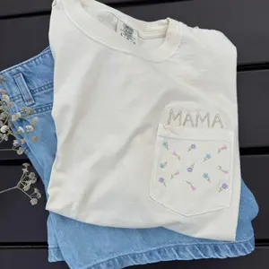 Mama embroidered pocket spring flowers T-shirt