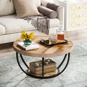 LITTLE TREE Round Coffee Table, 32" Circle Coffee Table for Living Room, Modern 2-Tier Wood Accent Center Table with Storage Open Shelves, Wooden Grain and Black