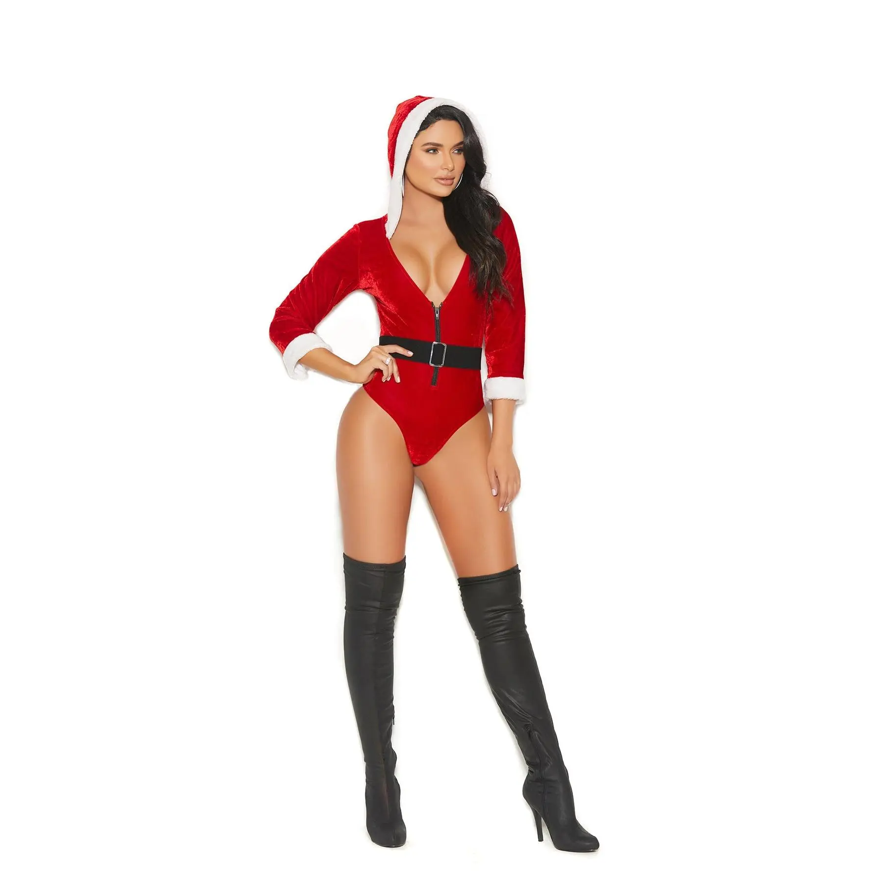 Santa's Tease 2 pc. Velvet Teddy Costume with Hood & Detachable Belt for All Seasons - Elegant Plain Design for Womenswear