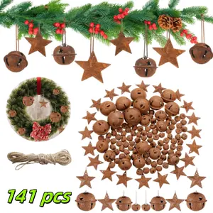 140 pieces of rusty metal bell pentagram decoration, equipped with 1 roll of 5-meter hemp rope, suitable for Christmas, parties, anniversaries, Christmas tree hanging decorations, home decoration, DIY craftsmanship