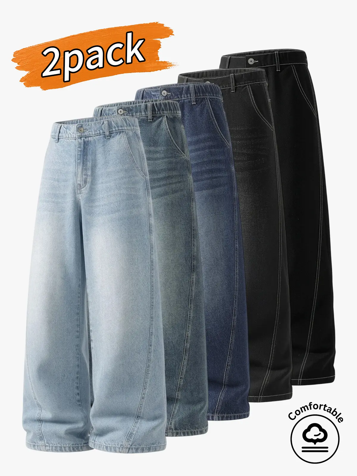 2-pack men's jeans, wide leg jeans, baggy fit, streetwear style, loose-fitting wide leg jeans, denim, cotton denim, men's jeans, straight-leg fit, stylish jeans, split seam jeans, casual jeans