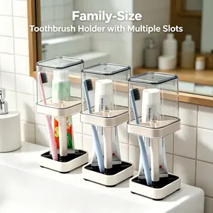 Toothbrush Holder with Dustproof Cover, 2-in-1 Bathroom Organizer with Mouthwash Cup, Multi-functional Stand for Toothbrushes, Toothpaste and Accessories