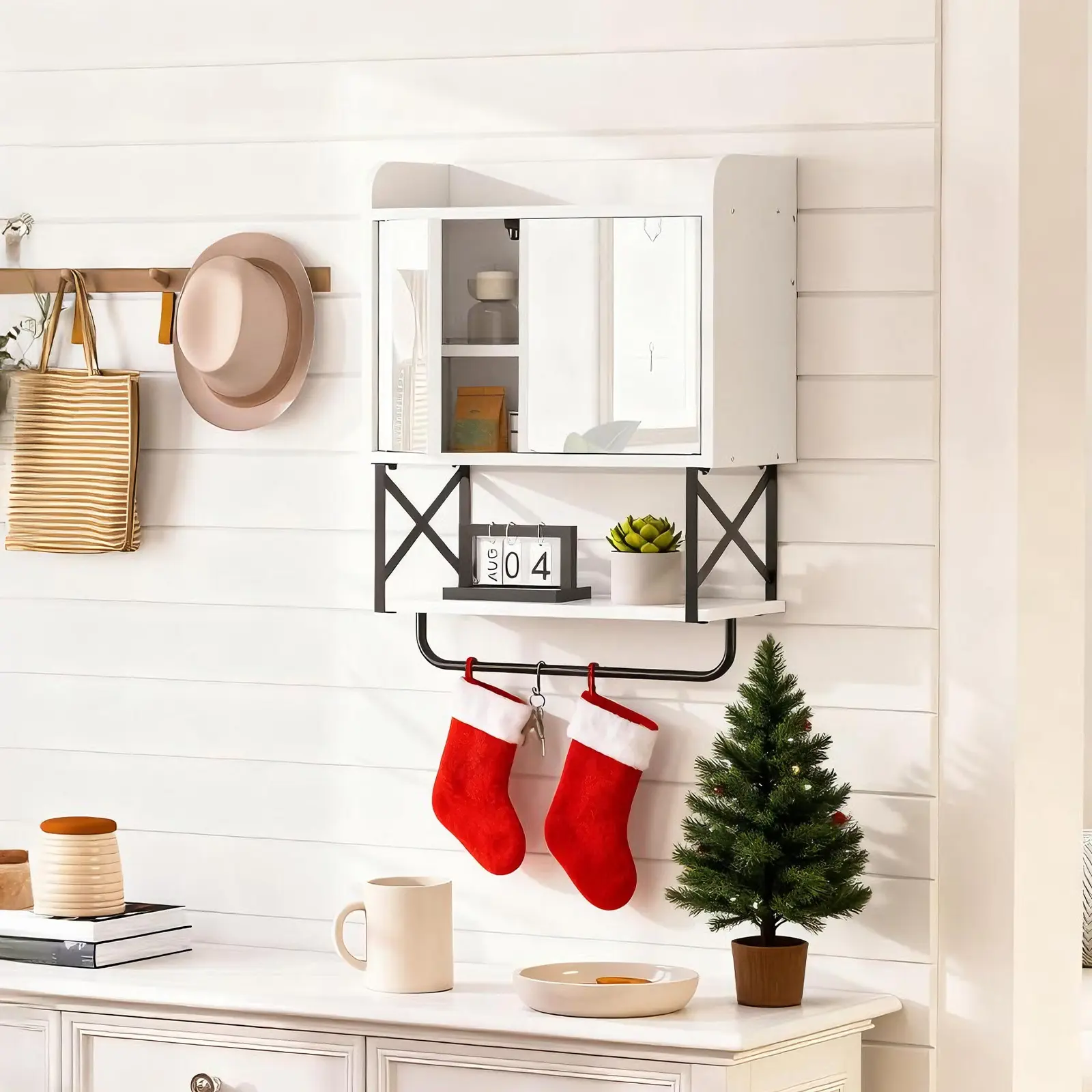 HOOBRO Wall Mounted Mirrored Bathroom Cabinet, Medicine Storage Cabinet, Bathroom Wall Cabinet with Mirror and Hidden Space and Towel Bar, Double Mirrored Doors, Detachable Shelf #SummerVibes