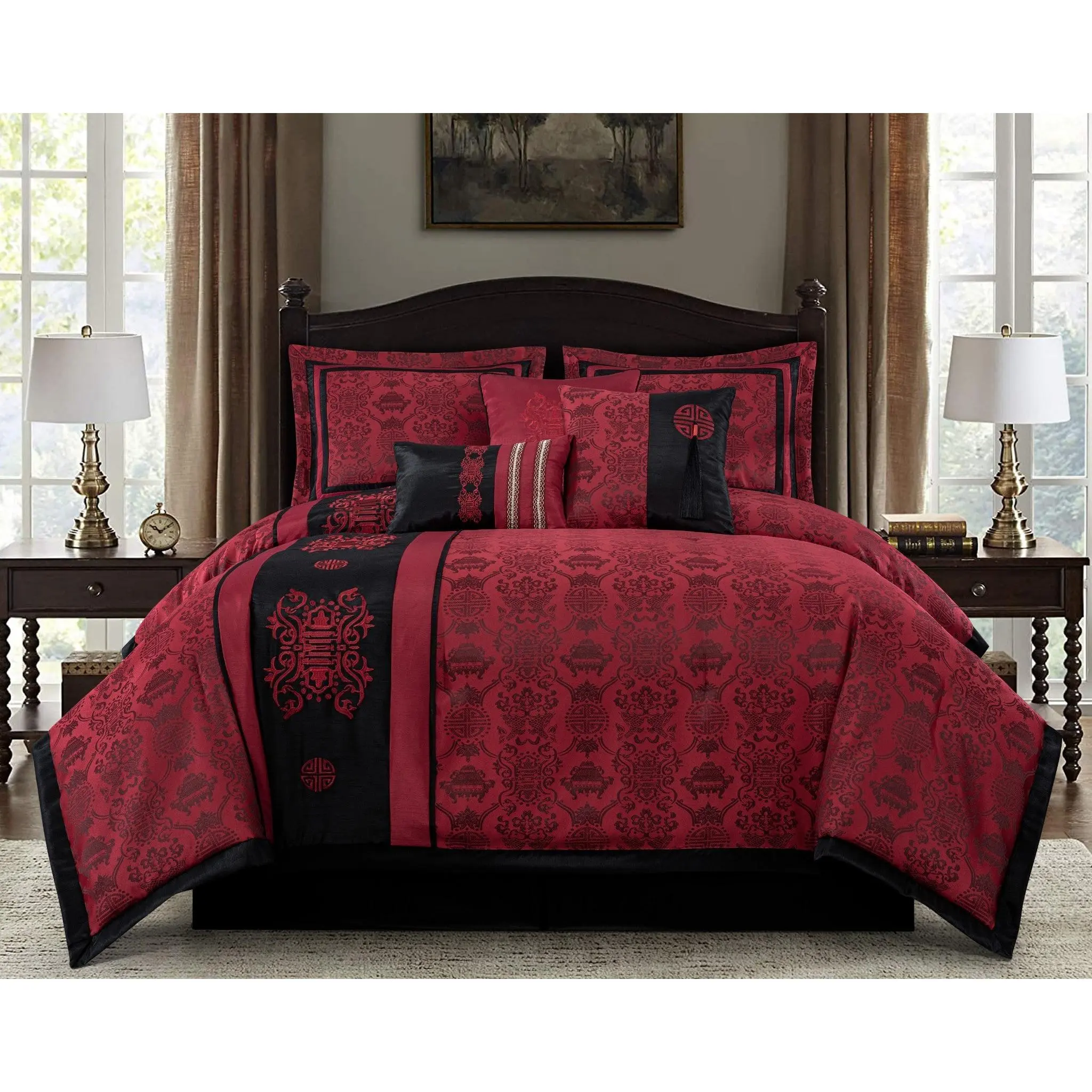 Chezmoi Collection Tai 7-Piece Oriental Red Black Jacquard Comforter Set