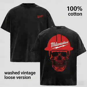 Vintage Washed 100% Cotton Skull Hard Hat Graphic T-Shirt for Men Women, Construction Worker Style Tee, Industrial Workwear Inspired Unisex Shirt, Oversized Loose Fit Crewneck, Casual Streetwear Tough Guy Style Top