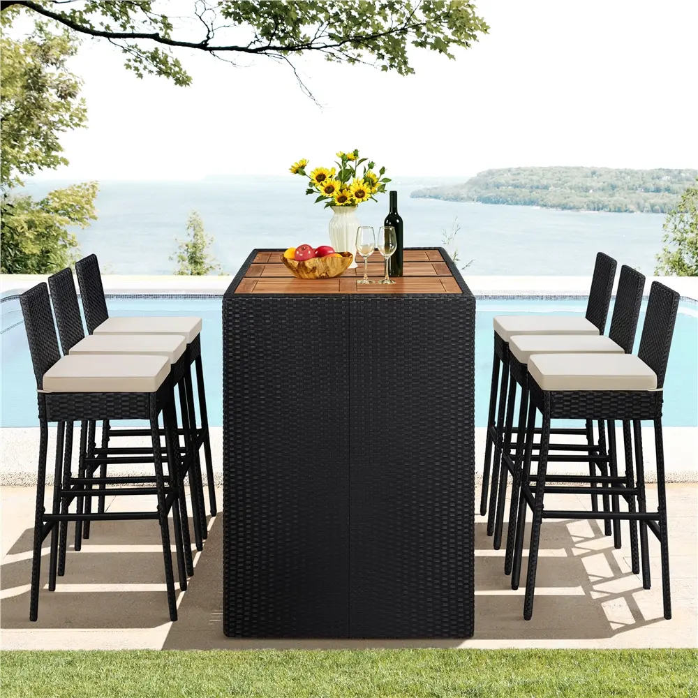 【4 Packages Delivery】Costoffs 7-Piece Outdoor Patio Bar Lounge Set - All-Weather Rattan, Wood Tabletop Dining Table & 6 Cushioned Barstools for Garden, Barstool