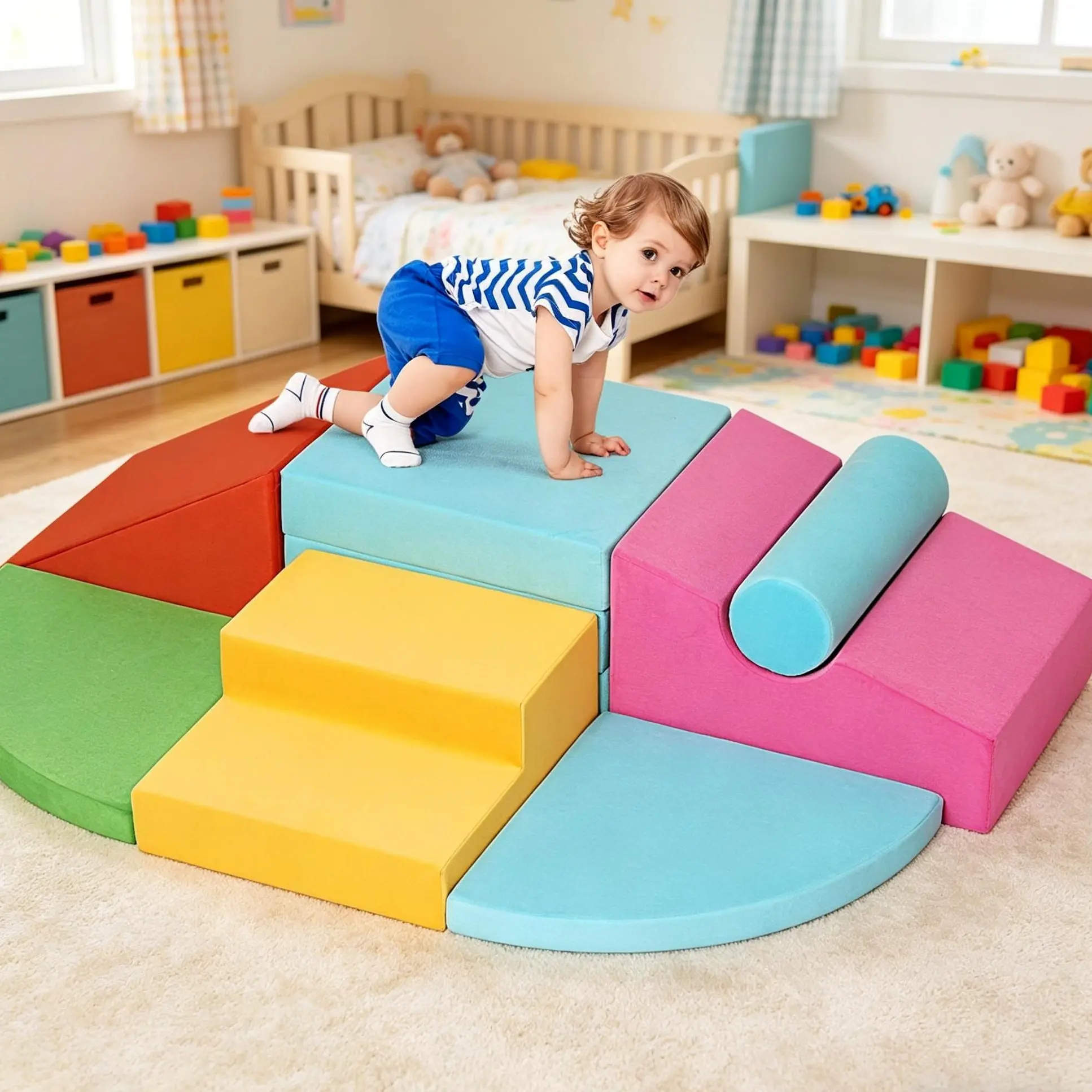 Winzoo 6-Piece Toddler Soft Play Climbing Set - Safe Wooden Slide, Durable Foam Blocks, Learning Playgym Equipment for Indoor Crawling, Children's Safety Play Couch