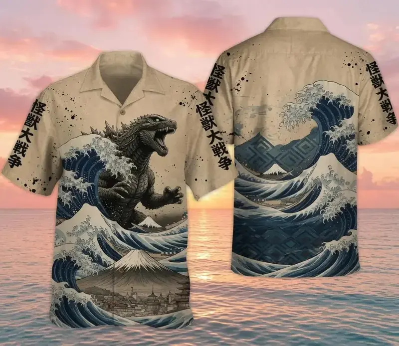 Godzilla Japanese Wave Hawaiian Shirt, Kaiju Monster Aloha Shirt, Mount Fuji Beach Button up for Men and Women