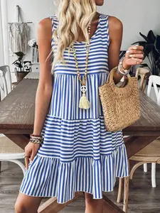 Plus Size Loose Stripe Mini Dress, Chic, Sleeveless, Round Neck, Tiered Ruffle Hem, Curvy Casual Wear, Tummy Hiding