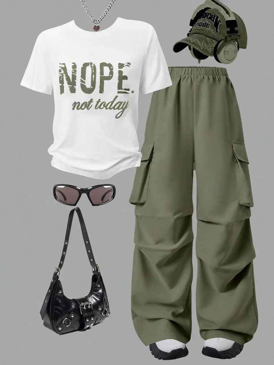 2pcs/Set Teenage Girls Letter Print Round Neck T-Shirt + Cargo Pants, Casual Streetwear Style