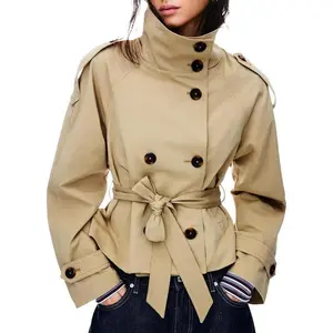 Women's Khaki Cropped Trench Coat Double Breasted Short Jacket High Collar Fitted Long Sleeve Belted Autumn Winter Coats Trendy Outfit Can be used with raincoat