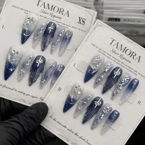 Tamora – Arctic Veil Press On Nails | Luxury Blue Chrome Almond Nails | Reusable Fake Nails Set