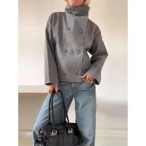 Solid Turtleneck Double-Breasted Pocket Coats Women Casual Loose Full Sleeve Female Jacket 2025 Autumn Office Lady Jackets Can be used with raincoat