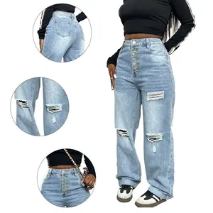 Summer Light Blue Multi-Button Ripped High-Waisted Wide-Leg Jeans - Distressed Y2K Denim Pants