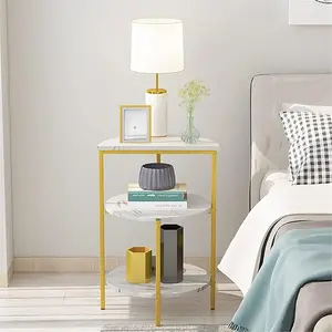 LinkRomat White and Gold End Table, 3-Tier Faux Marble Side Table Small Round Coffee Table ,Bedside Tables Nightstand for Bedroom, Small Spaces