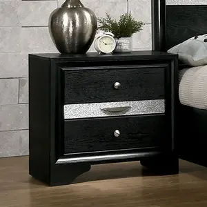 Contemporary 1pc Nightstand Black Finish Silver Accents Hidden Jewelry Drawer Nickel Round Knob Bedside Table Bedroom Furniture, side table, bedside furniture, side table with drawers and shelves, suitable for bedrooms and living rooms
