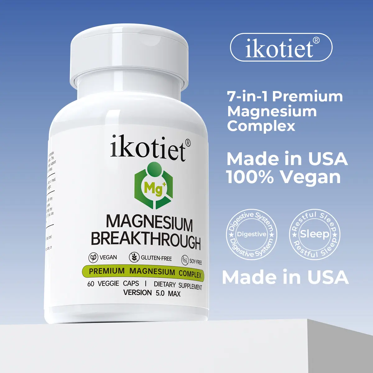 ikotiet 7-in-1 Magnesium Complex | 200mg Elemental Magnesium + Vitamin B6 | Sleep Support + Digestive Health + Daily Energy | Vegan Capsules