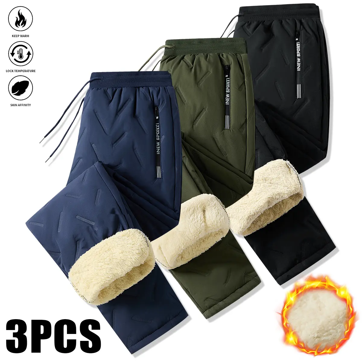 Men's 3-Pack Plain Full-Length Thermal Long Johns - Heavyweight Fleece Lined Warm Pants, Mensfashion, Drawstring Mid Waistband, Side Seam Zipper Closure, Wear Over/Under Cold Weather Apparel, Casual Outdoor Use