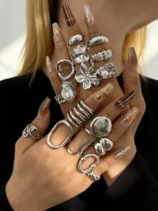 17-Piece Flower Ring Set, Fashion Retro Elegant Bold Women's Geometric Fat Joint Stackable Rings, Party Date Birthday Gift Jewelry