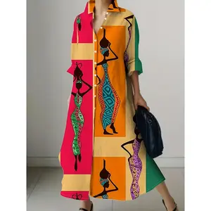 Plus Size - Plus Size New Spring And Summer Printed Fashionable Long-Sleeve Collared Women'S Long Shirt Dress