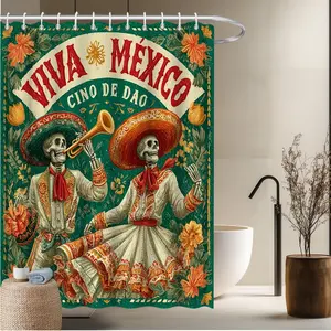 1pcs Skull Band Bath Curtain-2D Mexican Celebration Theme Traditional Instrument Performance Print Bath Curtain Holiday Decor Fun Home Window Curtains Bathroom Decor Bathtub Decor 70.8x70.8 inches