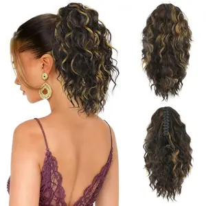 Clip on Ponytails for Women - 12 Inch Curly Ponytail Extension, Curly Pony Tails Hair Extensions, Synthetic Clip in Ponytail Hair Extensions (Color: Dark Brown with Honey Blonde Highlights)