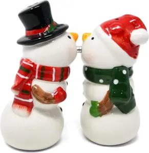 Snowman Christmas Salt & Pepper Shaker Set Ceramic Snowman Couple with Magnetic Kissing Design Mr. and Mrs. Figurines Holiday Table Decor