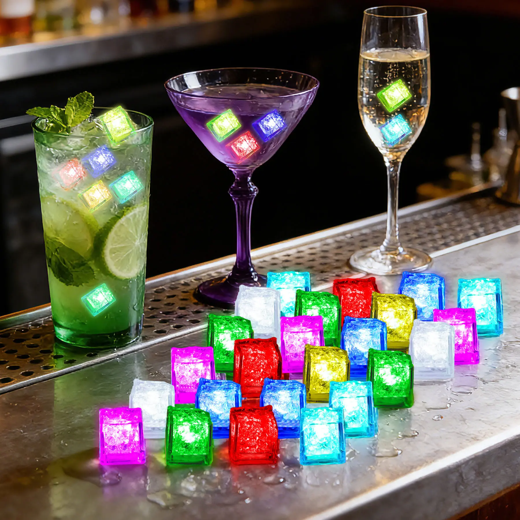 12pcs 24pcs LED ice cubes，Color Changing Liquid Activated LED Light Ice Cubes, Food Safe Glow Luminous Ice Cubes for Cocktail, Bar, Wedding, Birthday Party Decor 12pcsMulti Color Rainbow Flash Light Up Ice Cube Glow Ice Cube ~Fast Ship