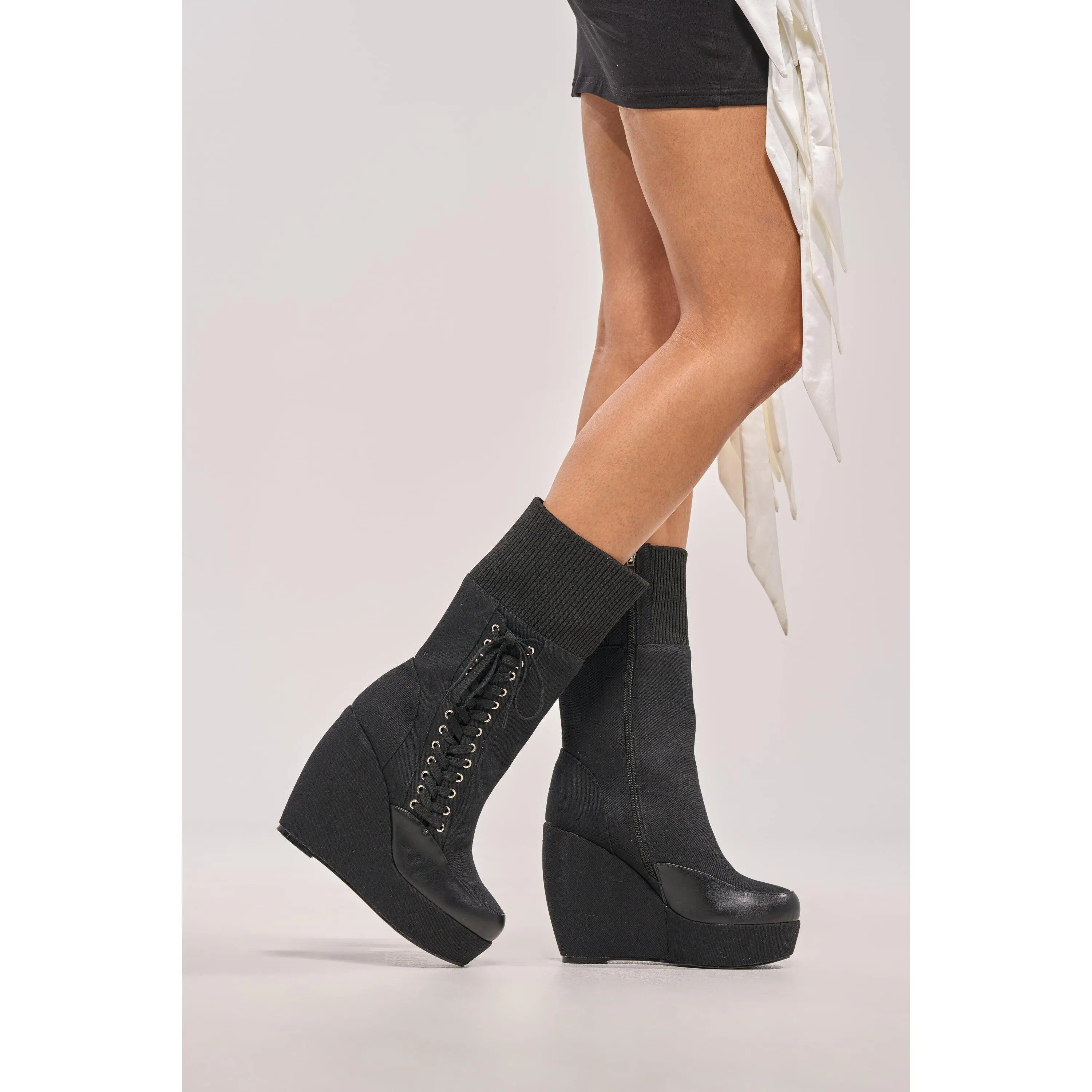 AKIRA WHATEVER BLACK CANVAS WEDGE BOOTIE