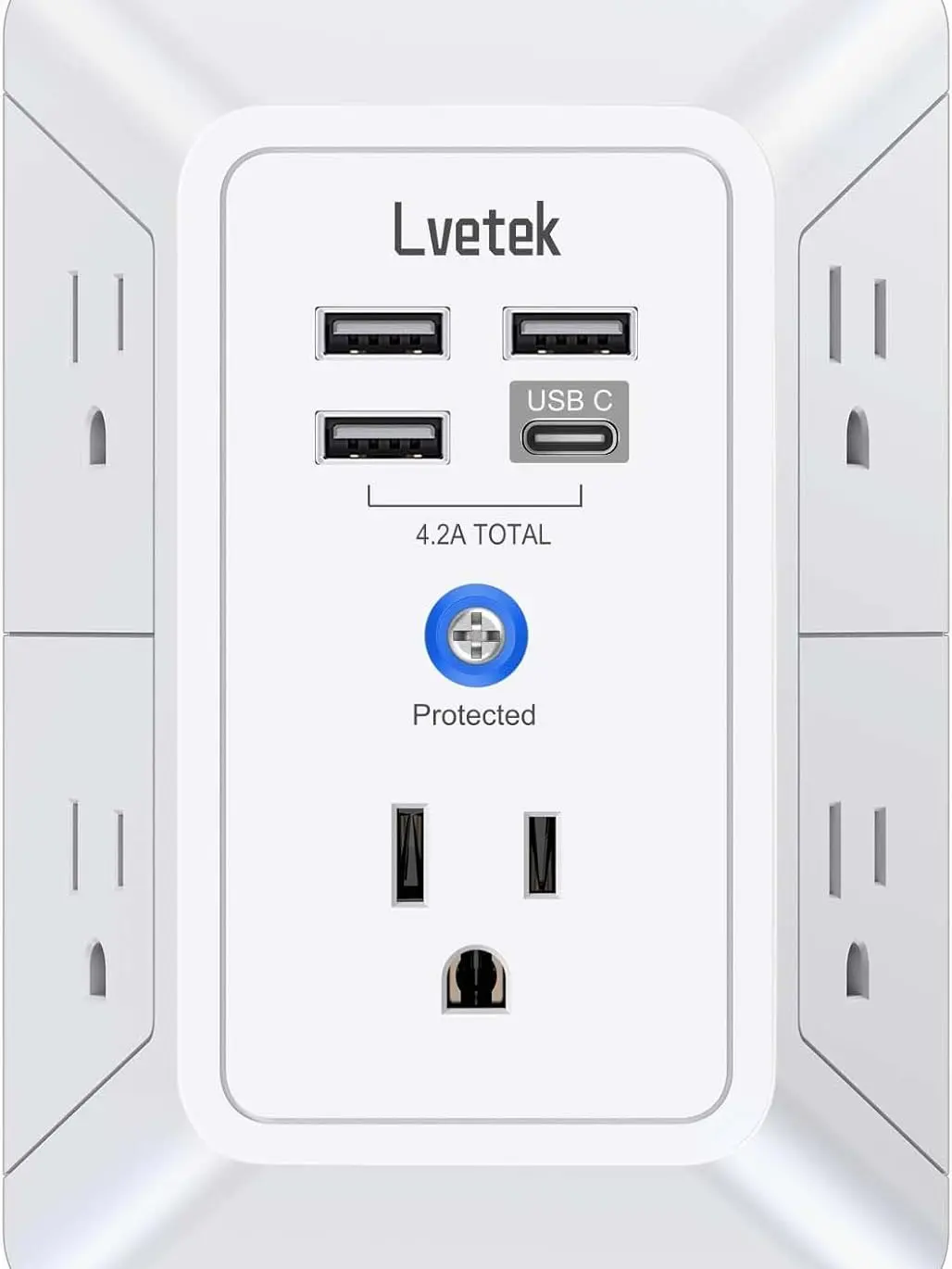 3-Sided Mountable White Surge Protection Charging Station - 5-Outlet Wall Plug Extender, 4 USB Ports (1 USB-C), 1680J Surge Guard, 1382℉ Fire-Resistant, ETL Certified, Includes Screwdriver, for Dorm Room, Bedside, Laptops, Screw Driver