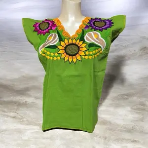 Blusas Bordadaa de Manta - Green Top with Sunflower and Floral Embroidery - Traditional Mexican Design
