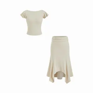 Cider Ruffled Sleeve Backless Crop Top & Low Rise Asymmetrical Hem Ruched Mermaid Maxi Skirt Set SwimWeek