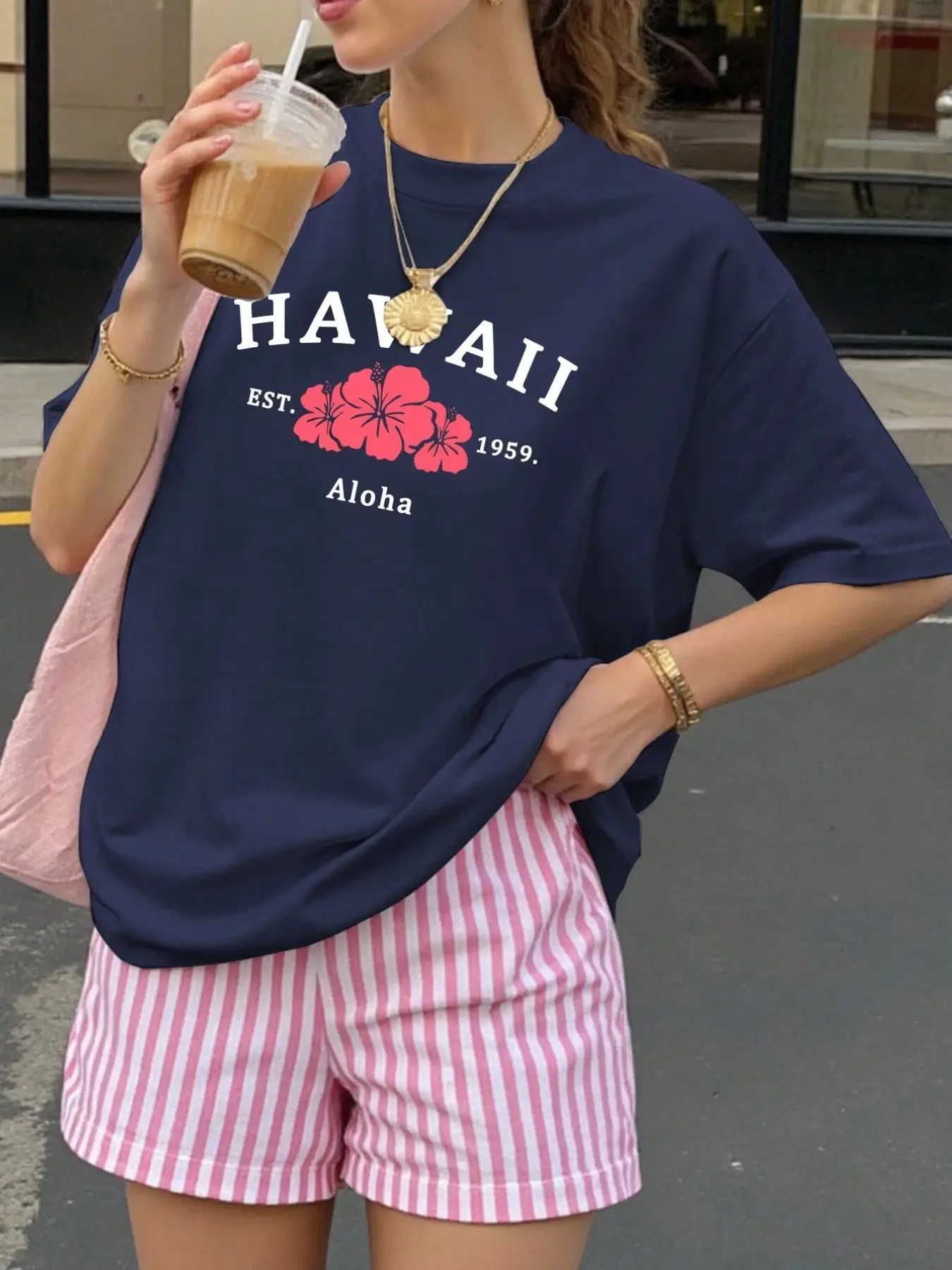 Women's Hawaii Aloha Hibiscus 2-Piece Outfit, Clothes | Oversized Navy Floral Graphic T-Shirt & Pink Striped Shorts Set | Trendy Y2K Summer Co-Ord Set for Beach Vacation, Coastal Getaways & Tropical Aesthetic | Coquette Soft Girl Aesthetic Matching Set