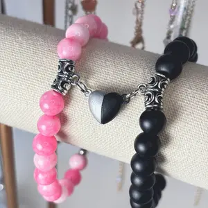 Couples Bracelet Set with Heart Magnets - Relationships Bracelet - Rose Quartz