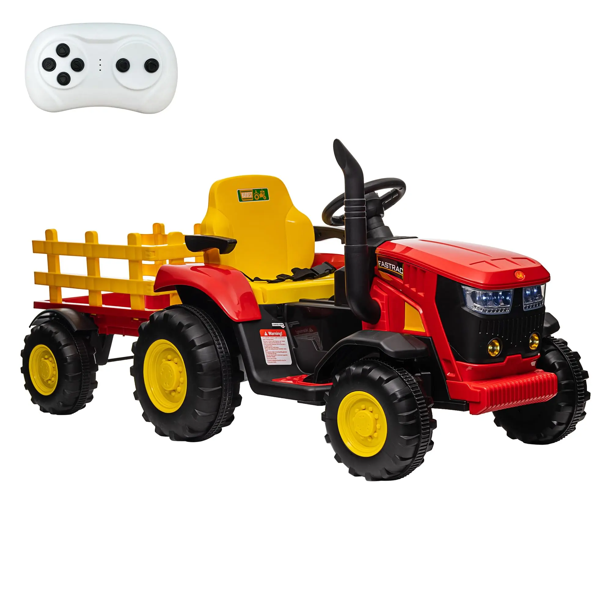 【GARVEE】Ride On Tractor with Trailer - 12V Electric Vehicle for Kids 3+ Featuring Remote Control, Spring Suspension, 35W Dual Motors, Music, and USB Connectivity - Red