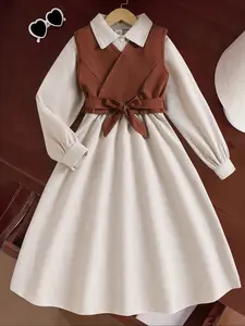 Girls' Long Sleeve Button-Decorated Dress Set with V Neck Vest & Adjustable Waist Belt, Fashionable All Season