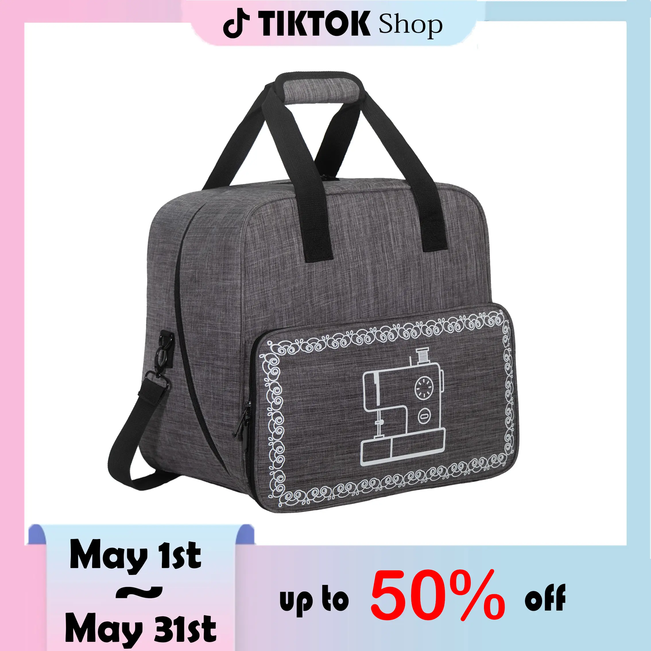 （Dark gray）Universal sewing machine carry case,casual large capacity travel bag, water-resistant oxford fabric handbag, adjustable shoulder strap and multiple pockets| Portable storage bag, suitable for home, travel black leaf flower, sewing machine bag
