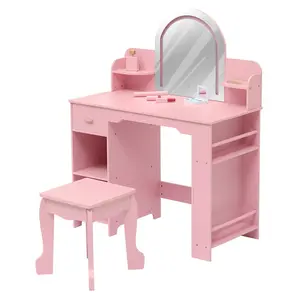 Garvee 2-in-1 Vanity Table and Stool Set for Young Ages 3-9 with LED Mirror, Storage Drawer, Open Shelves, Bookshelf, and Accessories in Multiple Colors