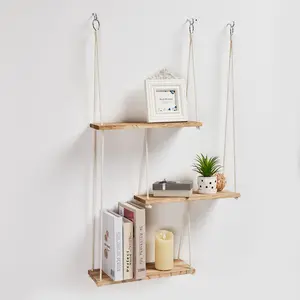 Lunkeon 3 Tier Macrame Wall Hanging Shelves Boho Room Decor Handmade Cotton Rope,Wooden Hanging Storage Floating Shelves for Small Plants Books Decor,Living Bedroom Room Bedroom