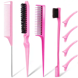 8 Pcs Slick Back Hair Brush Teasing Edge Bristle Brush Parting Rat Tail Comb Hairclips Styling Hair Accessories Set for Women Slicking Ponytail Control and Smoothing Flyaways(Pink)