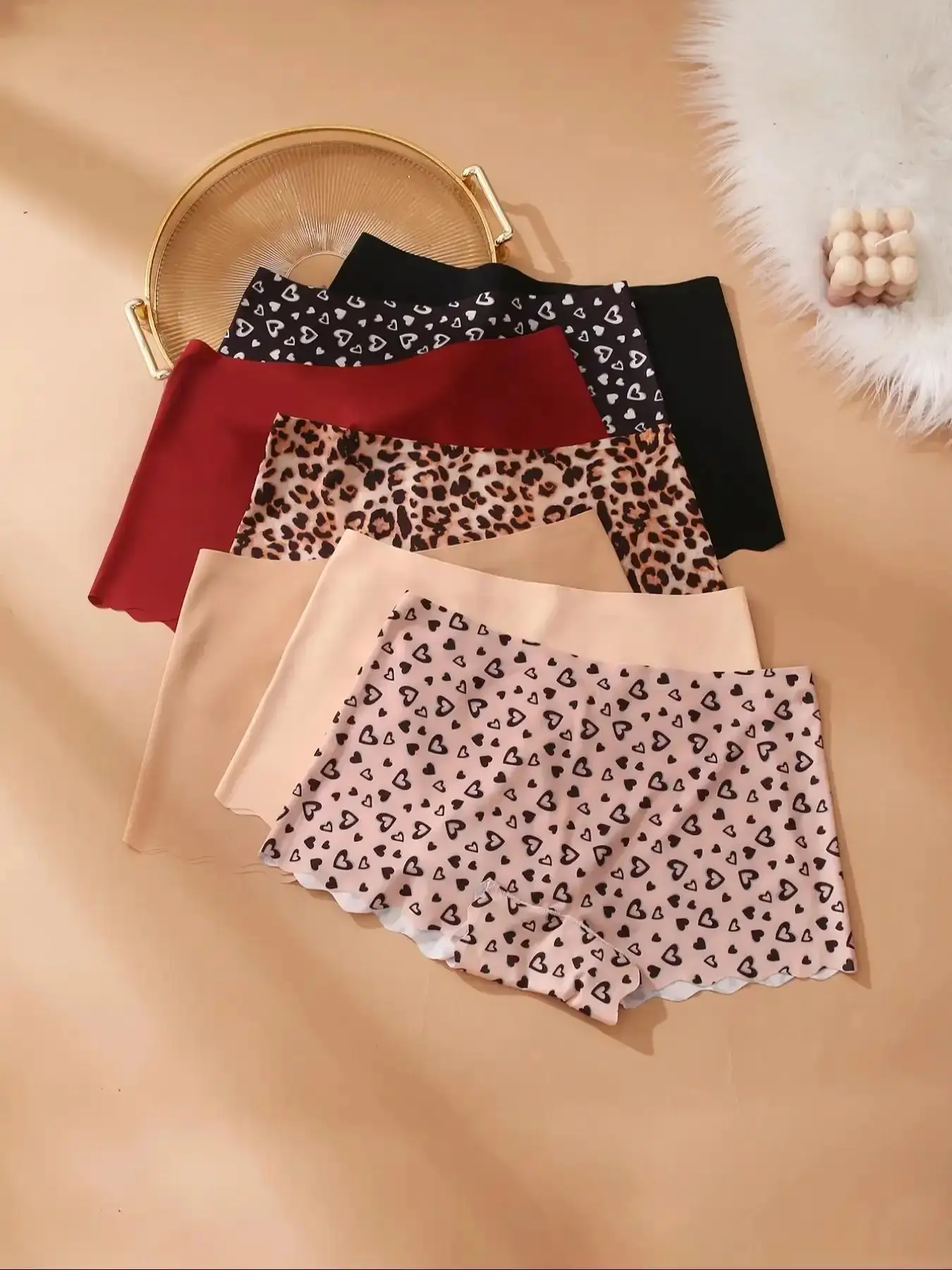 Women's Printed Briefs Set, Soft Comfortable Breathable Seamless Elastic Stretchable Yoga Underwear, All-Season Ladies Safety Shorts, 7 Pcs Long Sleeve Supportive Square Neck Spring Fall Joggers T-Shirt Activewear