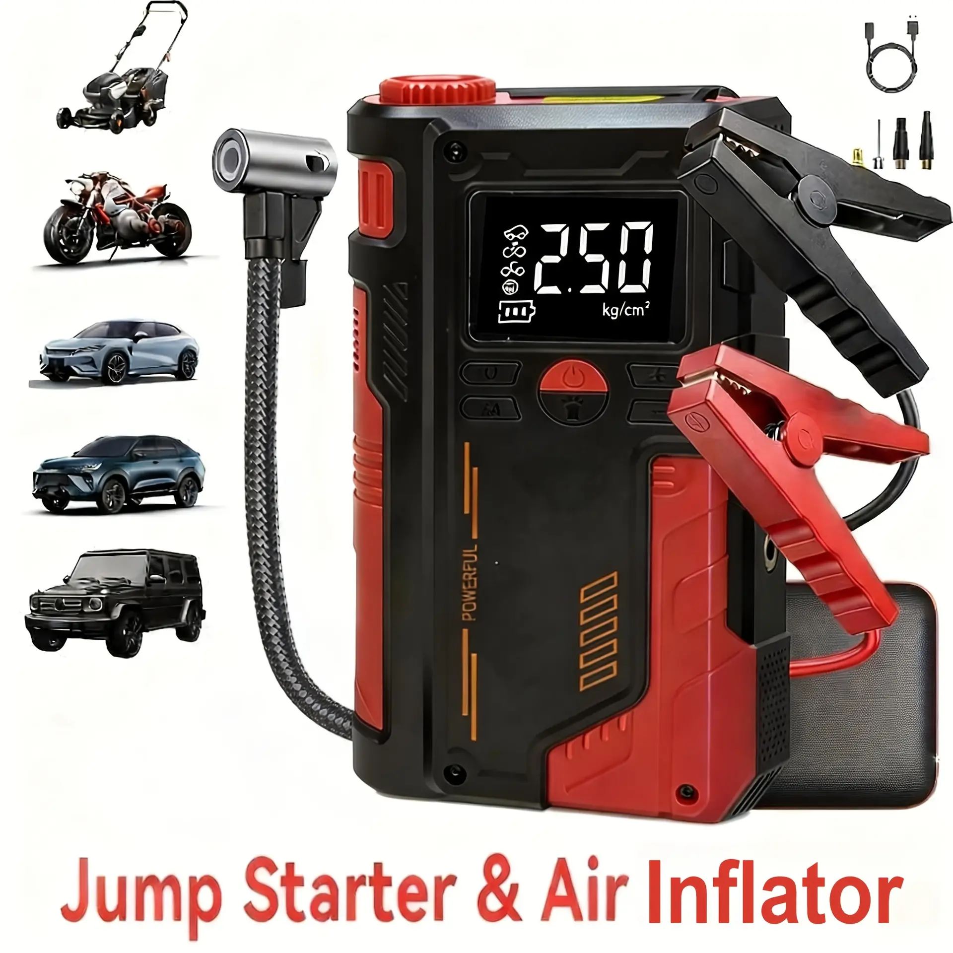 Compact Portable Automotive Jump Starter - Plastic Car Emergency Escape Tool with Convenient Wireless Tire Inflator, Power Bank, LED Light, for Cars/Motorcycles