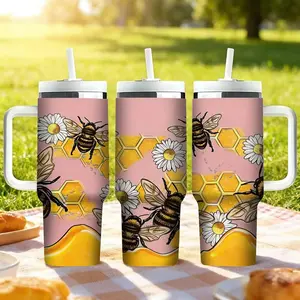 1pc 40oz Tumbler，Honey Bee Pattern Stainless Steel Water Bottle, Drinking Cup for Home Office School Outdoor Camping, Drinkware