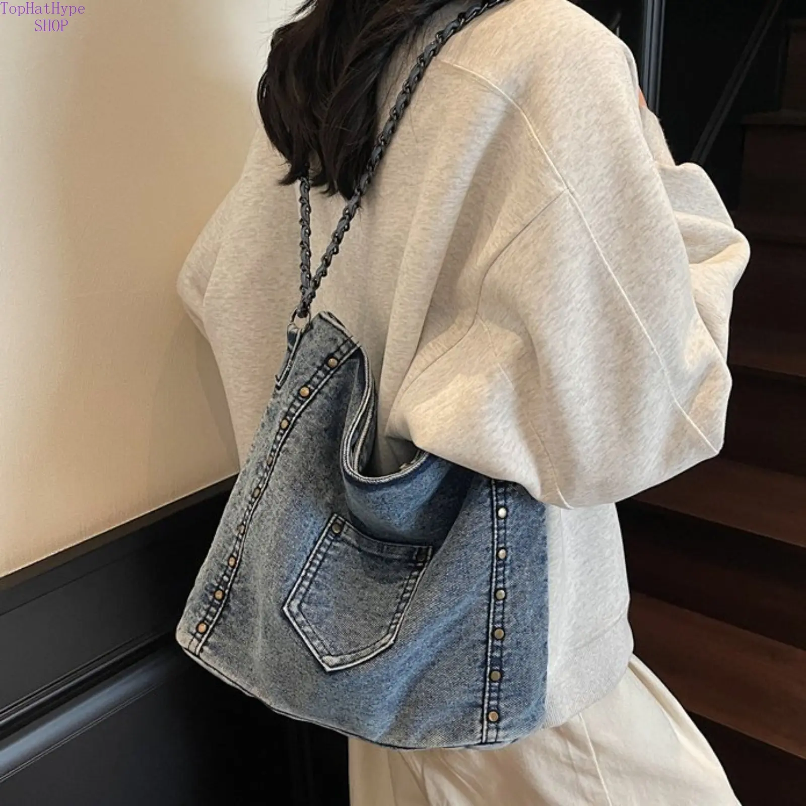 Women's Punk Denim Crescent Shoulder Bag - Studded Crossbody Purse with Chain Strap for Streetwear, Crossbody Freedom, Streetwear Ready, Stud Details