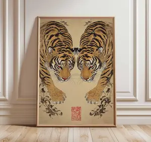 Japanese Tiger Poster, Vintage Asian Wall Art Print, Traditional Oriental Painting Style Decor, Twin Tigers Artwork for Home or Office